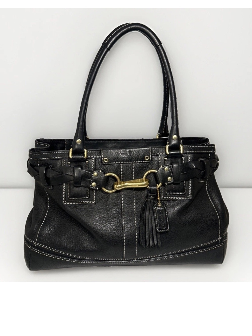 Vintage Coach Hampton Black Pebbled Leather Tassel Carryall Handbag Purse 10529